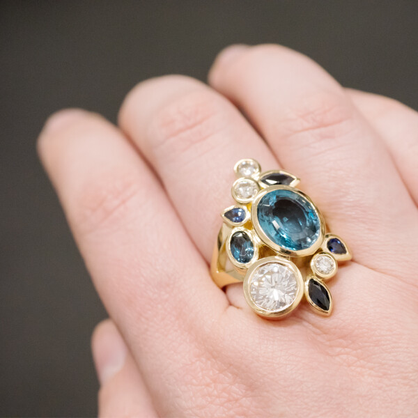 Diamond 2ct Blue Sapphire Aquamarine Gemstone Cluster Ring On Hand 1080x1080