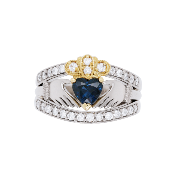 Heart Sapphire Diamond Two Tone Claddagh Ring Top 1080x1080