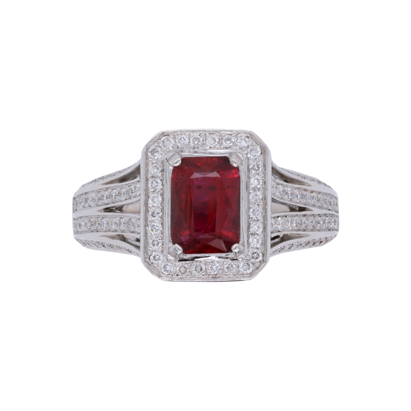 040325 18ct White Gold Octagonal Ruby Diamond Cluster Ring Top 1080x1080