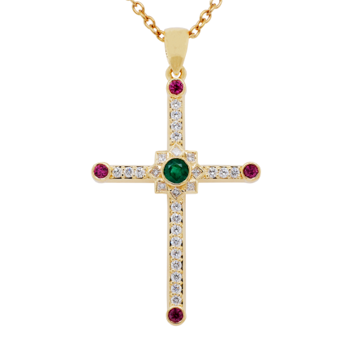 Emerald, Ruby and Diamond Cross Pendant
