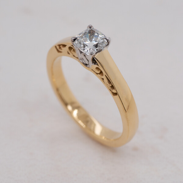 Cushion Diamond Solitaire Yellow Gold Ring Angle 1080x1080