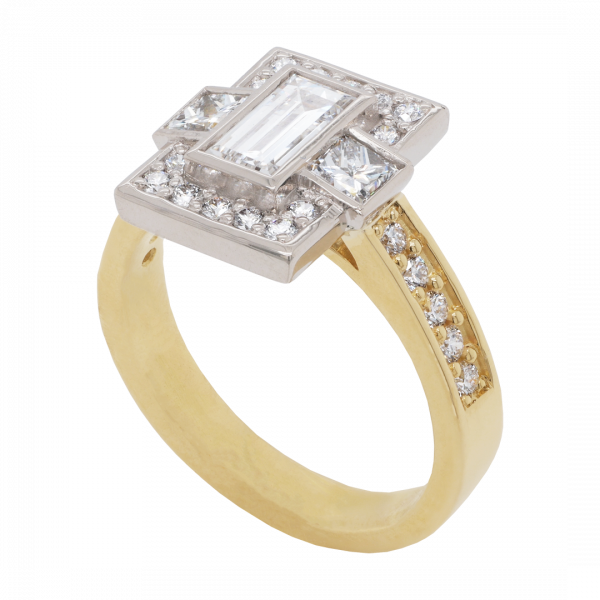 Baguette Diamond 3 Stone Cluster Halo Ring