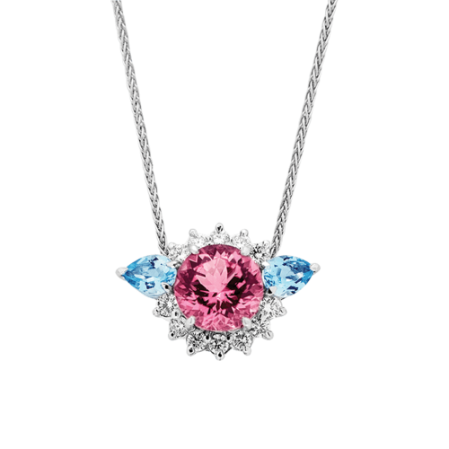 Multi-way Pink Tourmaline, Aquamarine and Diamond Pendant