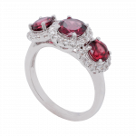 Rubellite Garnet 3-Stone Diamond Halo Ring
