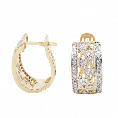 Gold Diamond Set Filigree Huggie Hoop Earrings