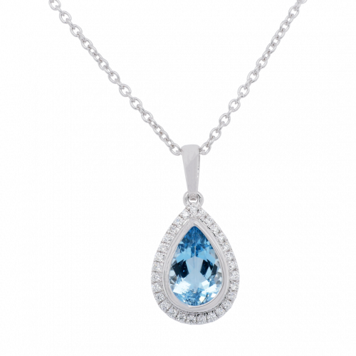 Pear Aquamarine and Diamond Halo Pendant