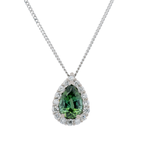 Pear Green Tourmaline Diamond Halo Pendant