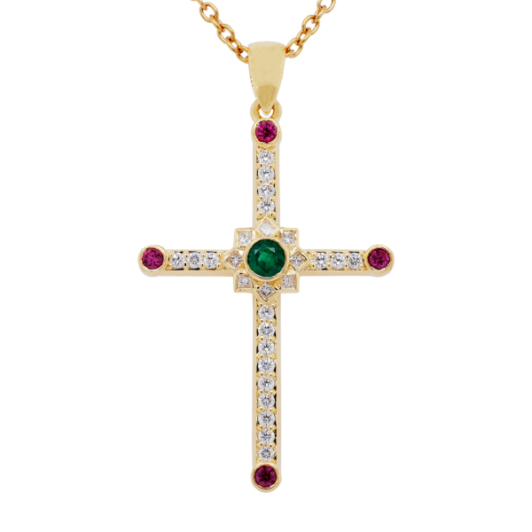 Emerald, Ruby and Diamond Cross Pendant